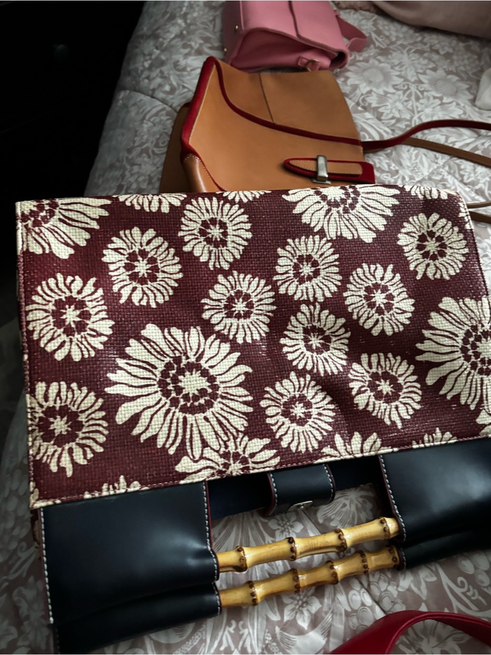 Tommy Hilfiger Burgundy Floral Woven Clutch with Bamboo Handle